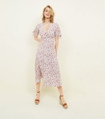 White Ditsy Floral Button Up Midi Dress ...